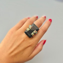 Bague large argent doré - Onyx noir rectangle & zircons multicolores TAILLE 56
