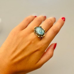 Bague large argent doré - Labradorite & zircons multicolores TAILLE 54