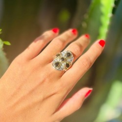 Bague large argent doré - Anneau ovale torsadé & Onyxs noirs TAILLE 54