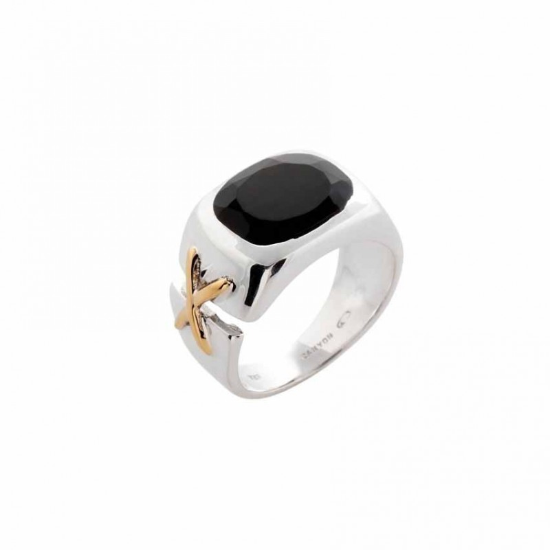 Bague chevalière en Argent et Laiton doré - Onyx noir CANYON