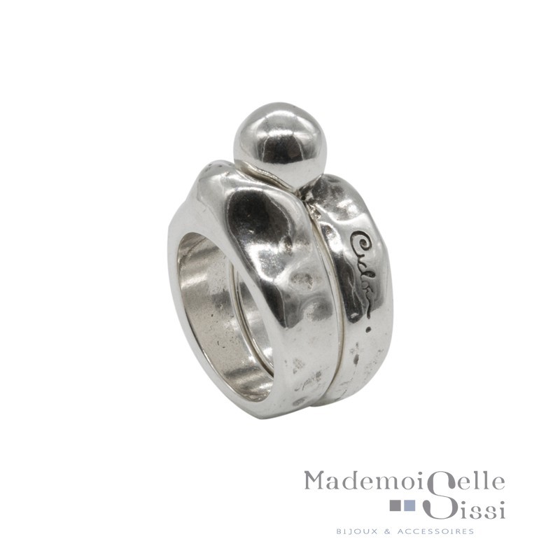 Grosse bague métal stylisée double anneaux & boule Grosse bague métal stylisée double anneaux & boule
