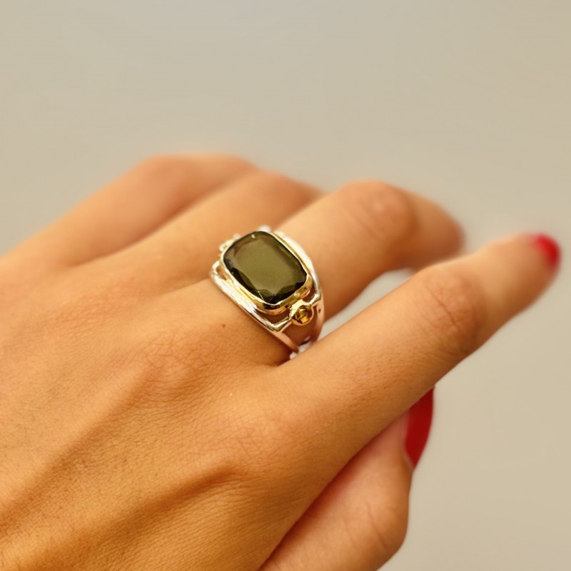 Bague large en Argent Doré - Tourmaline verte & Citrines CANYON