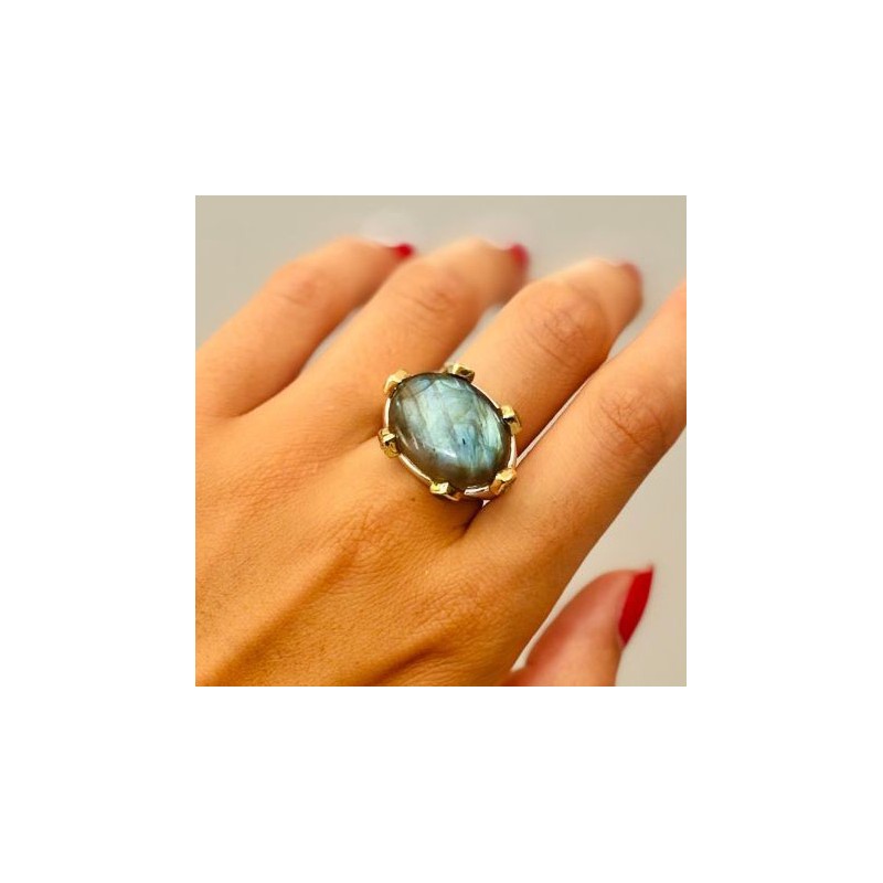 Bague large argent doré - Labradorite & zircons multicolores TAILLE 54