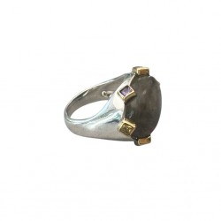 Bague large argent doré - Labradorite & zircons multicolores TAILLE 54