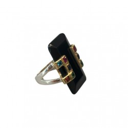 Bague large argent doré - Onyx noir rectangle & zircons multicolores TAILLE 56