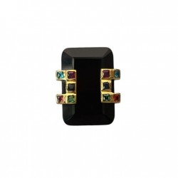 Bague large argent doré - Onyx noir rectangle & zircons multicolores