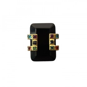 Bague large argent doré - Onyx noir rectangle & zircons multicolores