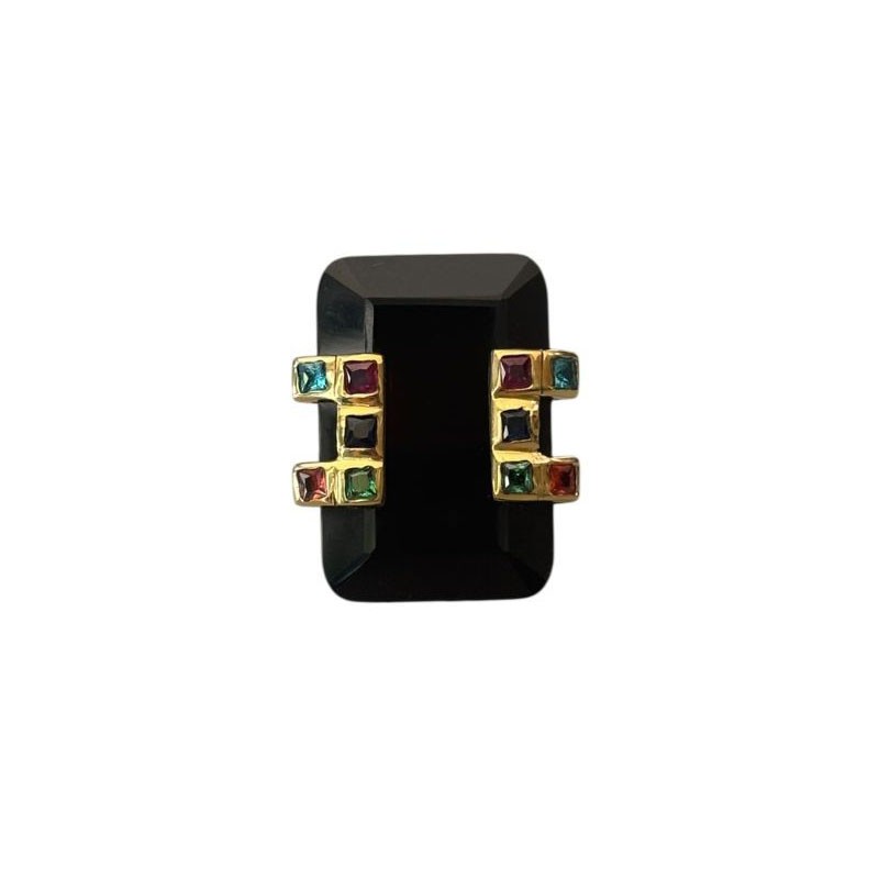 Bague large argent doré - Onyx noir rectangle & zircons multicolores