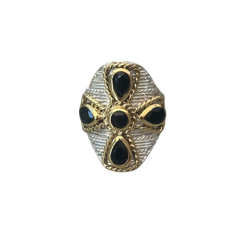 Bague large argent doré - Anneau ovale torsadé & Onyxs noirs TAILLE 54