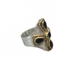 Bague large argent doré - Anneau ovale torsadé & Onyxs noirs TAILLE 54