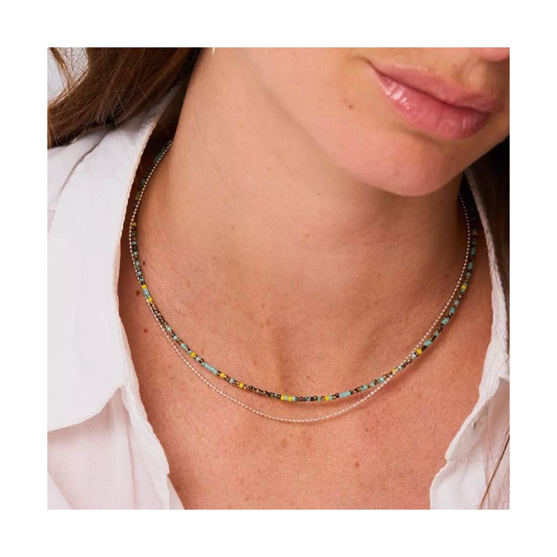 Collier double rangs Indien MIYUKI Jaune Turquoise & Chaîne fine argent