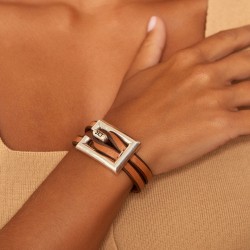Bracelet MAXI boucle rectangle Chestnut Leather Jazmin - cuir camel et métal