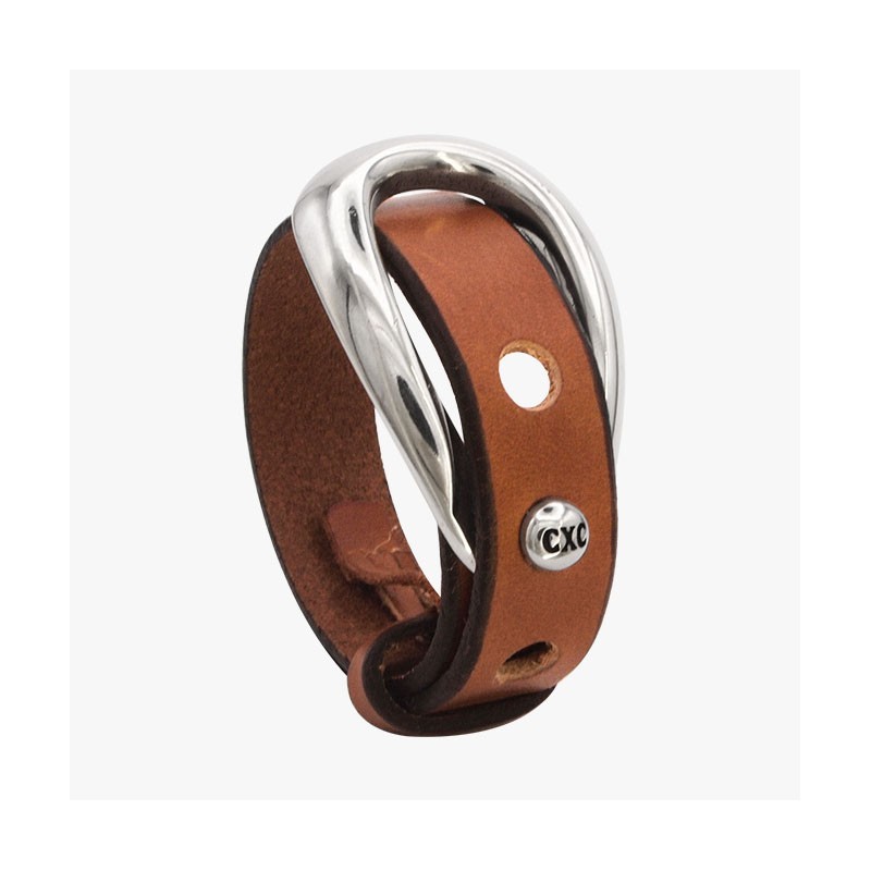 Bracelet MAXI boucle ovale Leather Loop Jazmin - cuir camel et métal - CXC
