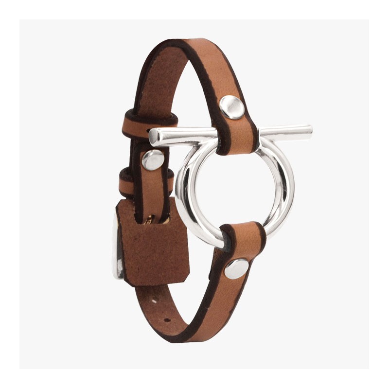 Bracelet MAXI boucle manille Omega leather Jazmin - cuir camel et métal - CXC