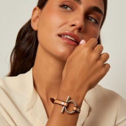 Bracelet MAXI boucle manille Omega leather Jazmin - cuir camel et métal