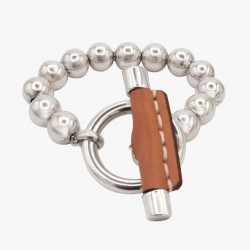 Bracelet MAXI boucle manille Leather Ball Chain Jazmin - cuir camel et métal - CXC