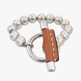Bracelet MAXI boucle manille Leather Ball Chain Jazmin - cuir camel et métal - CXC