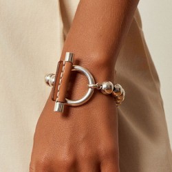 Bracelet MAXI boucle manille Leather Ball Chain Jazmin - cuir camel et métal