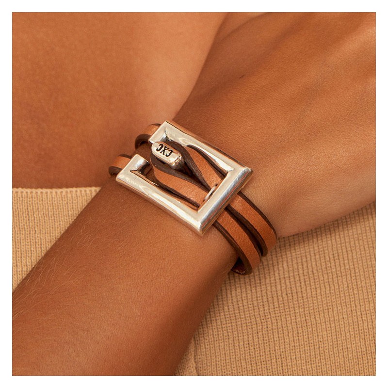 Bracelet MAXI boucle rectangle Chestnut Leather Jazmin - cuir camel et métal