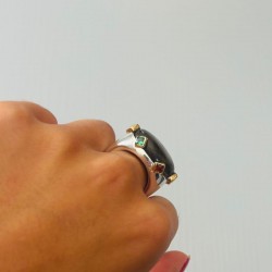 Bague large argent doré - Labradorite & zircons multicolores TAILLE 54