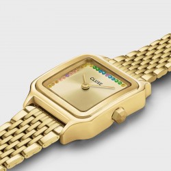 Montre Gracieuse Petite Rainbow stones, bracelet et cadran carré doré