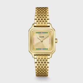 Montre Gracieuse Petite Steel Rainbow stones, cadran carré & bracelet oyster - CLUSE