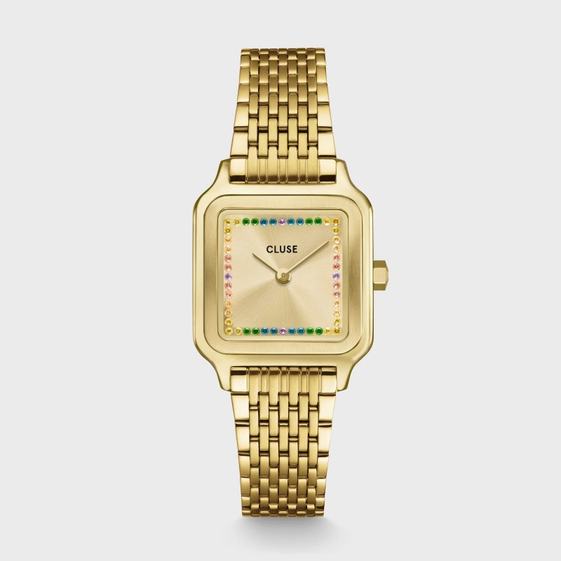 Montre Gracieuse Petite Steel Rainbow stones, cadran carré & bracelet oyster - CLUSE