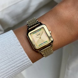 Montre Gracieuse Petite Rainbow stones, bracelet et cadran carré doré