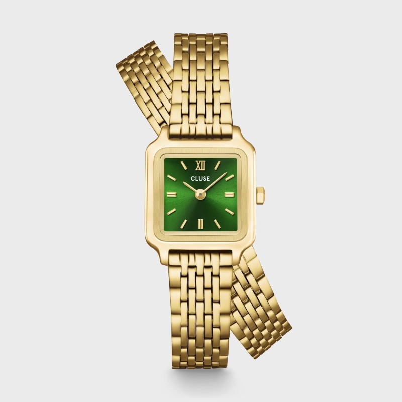Montre Gracieuse Petite Double Steel Forest Green, Gold color, cadran carré & bracelet oyster - CLUSE