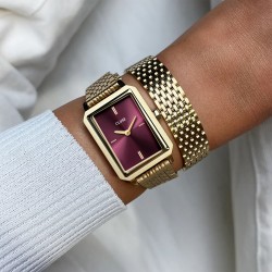 Montre Fluette Double Steel, Wine, Couleur or, cadran rectangle noir & bracelet oyster