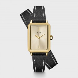 Montre Fluette Double Leather Black, couleur or, cadran rectangle & bracelet cuir noir - CLUSE