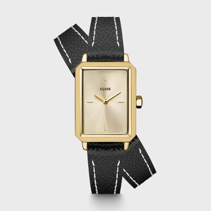Montre Fluette Double Leather Black, couleur or, cadran rectangle & bracelet cuir noir - CLUSE Montre Fluette Double Leather Black, couleur or, cadran rectangle & bracelet cuir noir - CLUSE