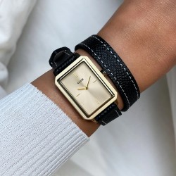 Montre Fluette Double rangs Leather Black, cuir noir, cadran rectangle or