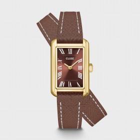 Montre Belisenna Double Leather Mocha, couleur or, cadran rectangle & bracelet cuir marron - CLUSE