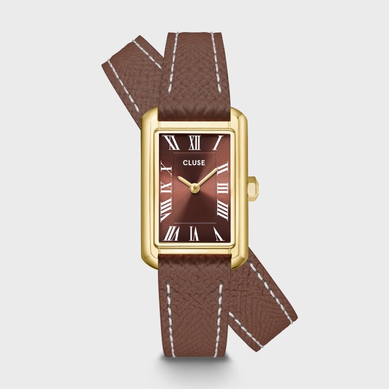 Montre Belisenna Double Leather Mocha, couleur or, cadran rectangle & bracelet cuir marron - CLUSE