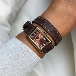 Montre Belisenna Double Leather Mocha, couleur or, cadran rectangle