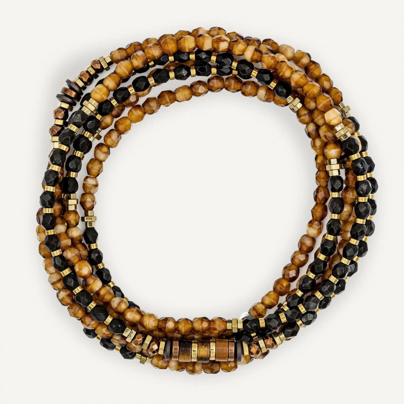 Collier & Bracelet COOKIE 6 tours - Perles caramel chocolat marrons & Hématites gold - TÊTES BLONDES