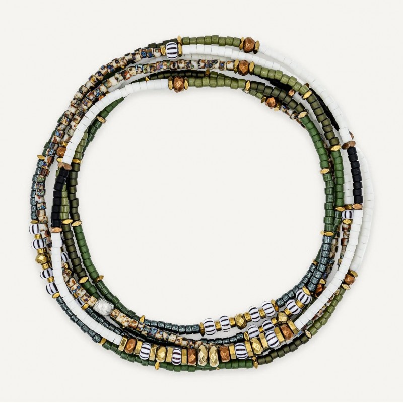 Collier & Bracelet PISTACHIO 6 tours - Perles Japonaises vert blanc & Hématites gold - TÊTES BLONDES
