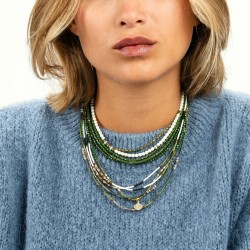 Collier & Bracelet PISTACHIO 6 tours - Perles Japonaises vert blanc & Hématites gold