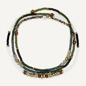 Collier & Bracelet PISTACHIO 3 tours - Perles Japonaises vert blanc & Hématites gold - TÊTES BLONDES