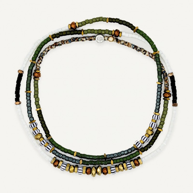 Collier & Bracelet PISTACHIO 3 tours - Perles Japonaises vert blanc & Hématites gold - TÊTES BLONDES