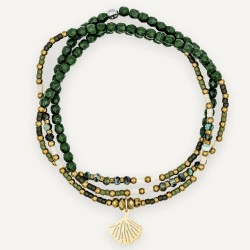 Collier & Bracelet GINKO 3 tours - Perles Japonaises vertes & Turquoise Africaine - TÊTES BLONDES