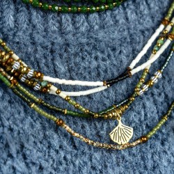 Collier & Bracelet GINKO 3 tours - Perles Japonaises vertes & Turquoise Africaine