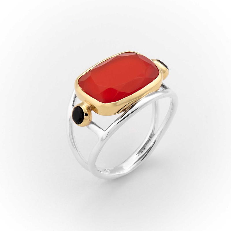 Bague large en Argent Doré- Anneau & Rectangle Onyx rouge TAILLE 56