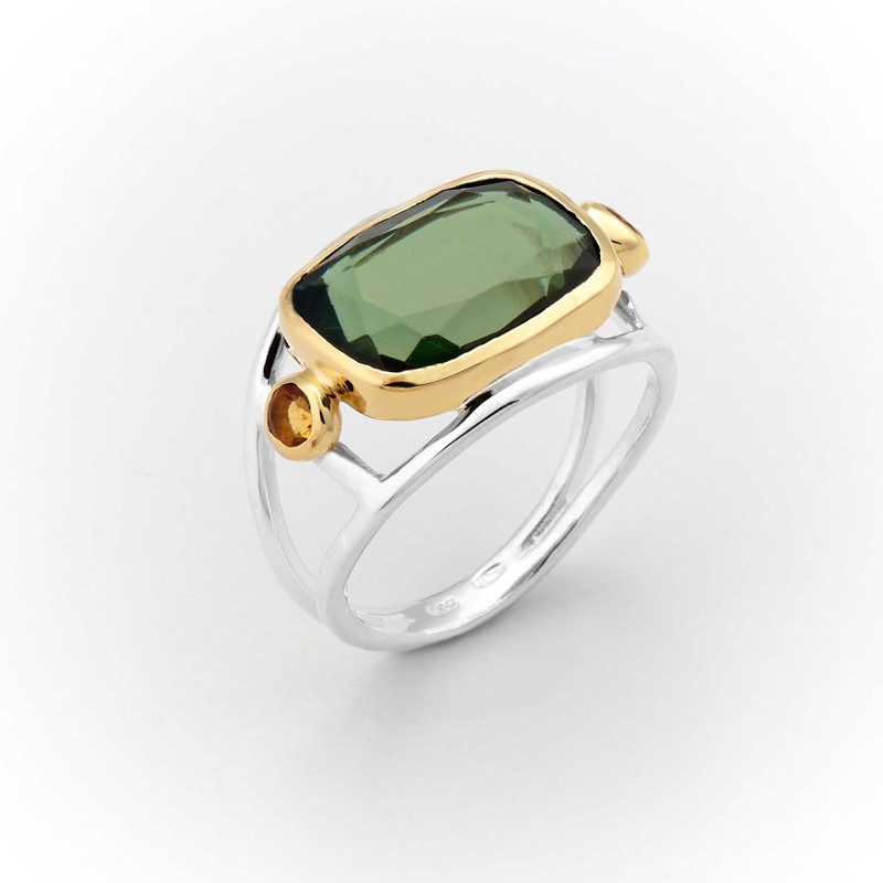 Bague large en Argent Doré- Anneau & Rectangle Tourmaline verte TAILLE 56