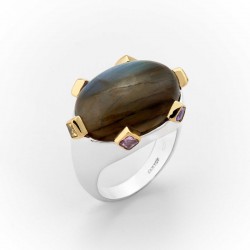 Bague large argent doré - Labradorite & zircons multicolores TAILLE 56