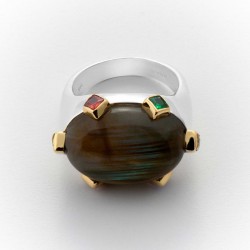 Bague large argent doré - Labradorite & zircons multicolores TAILLE 56
