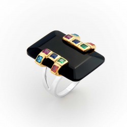 Bague large argent doré - Onyx noir rectangle & zircons multicolores TAILLE 58