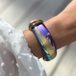 Bracelet Jonc large PARADIS AURORE doré - Résine verte violette