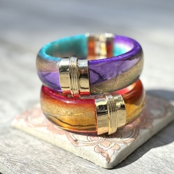 Bracelet Jonc large PARADIS AURORE doré - Résine verte violette